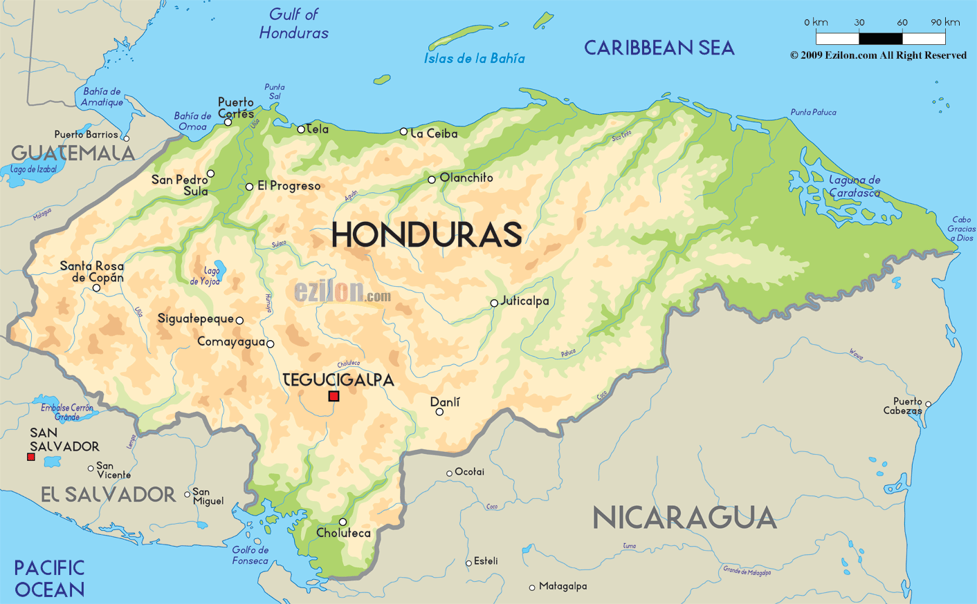 Honduras Physical Map